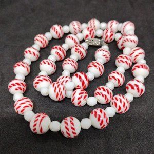Vintage MCM Red/White Glass Bead 24" Necklace Candy Cane